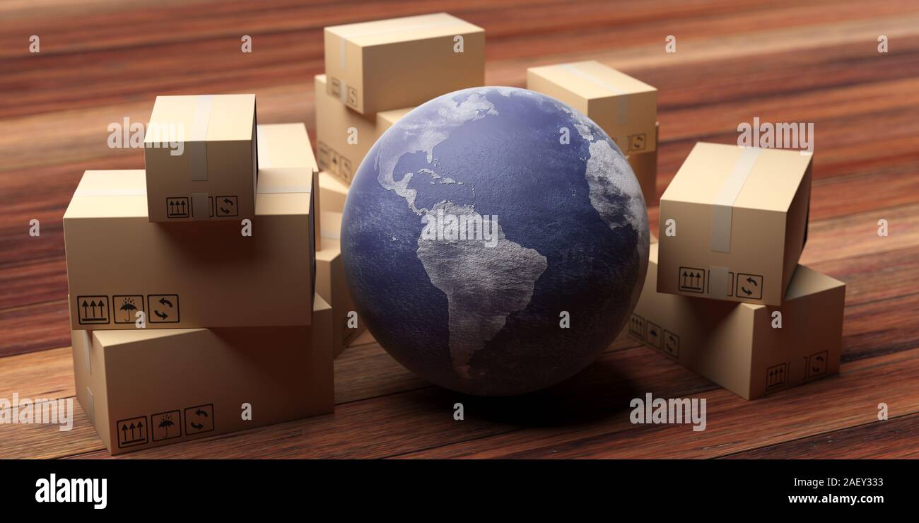 Moving global business. Cardboard boxes and earth globe on home wood