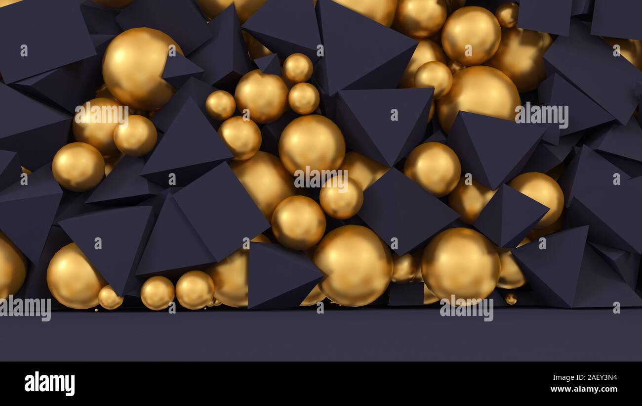 Black abstract 3d background with room, floor, wall and yellow balls.3d ...