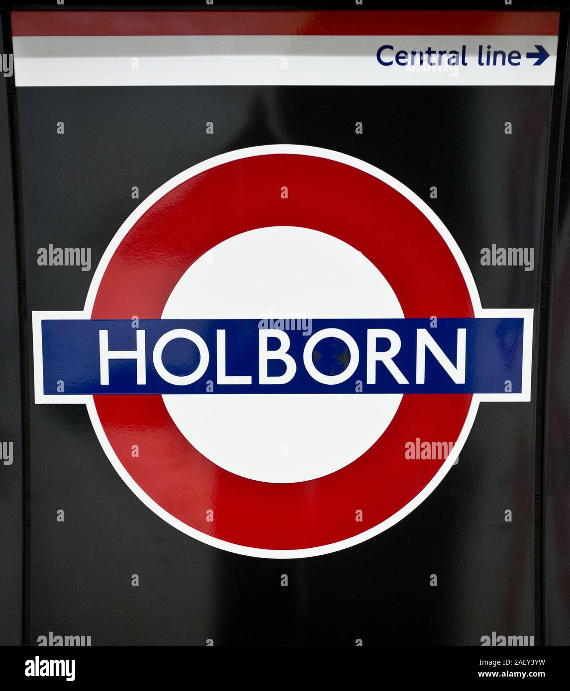 Holborn tube station. The identifying sign for the London Underground station on a platform at Holborn Station on the Piccadilly Line. Stock Photo