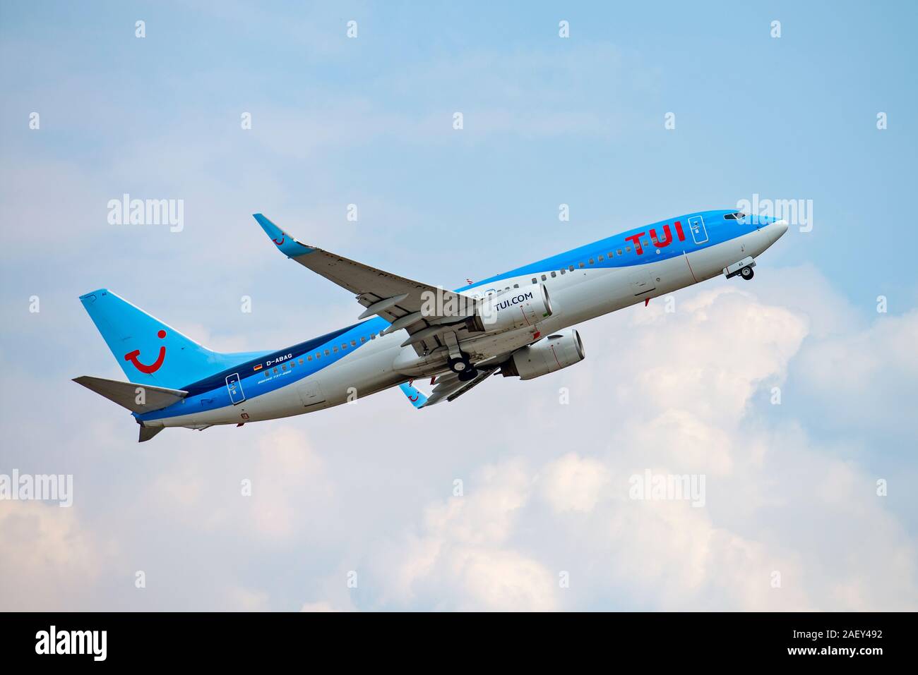 Frankfurt, Hesse/Germany - 23.07.2019TUIfly aircraft (Boeing 737-800 - D-ABAG) taking off from Frankfurt Airport Stock Photo