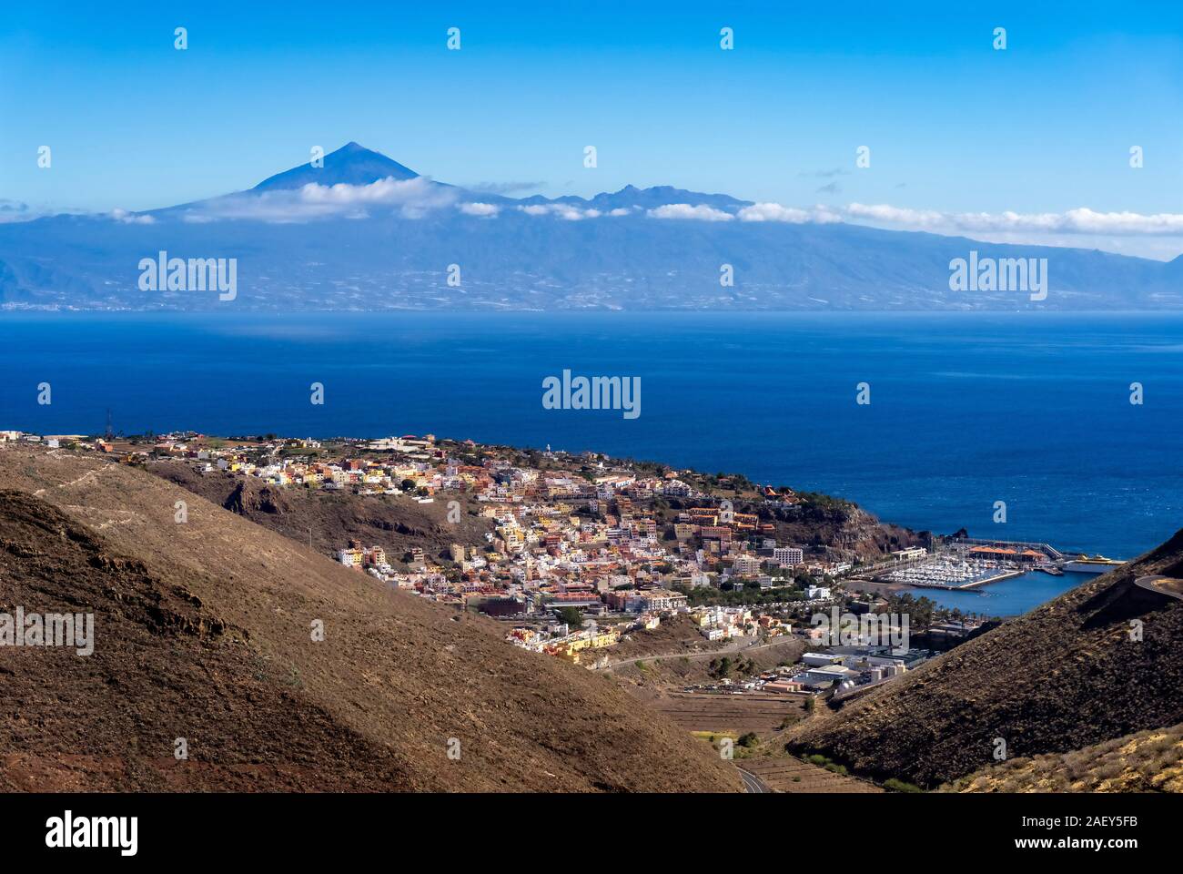 San Sebastián on La Gomera with Tenerife and Teide in the background Stock Photo
