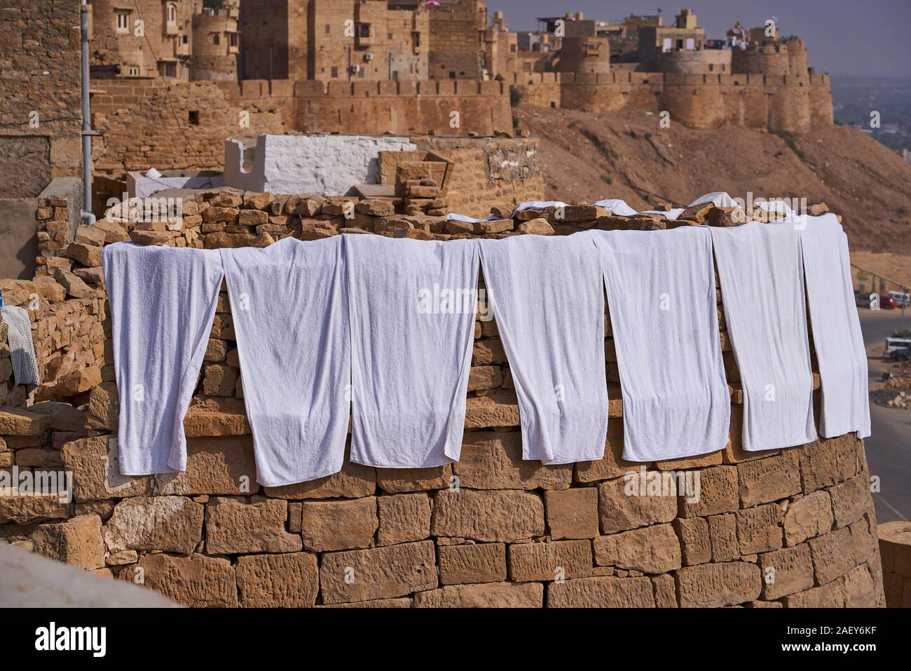 Washing hanging out to dry in the strong sun of Jaisalmer Stock Photo
