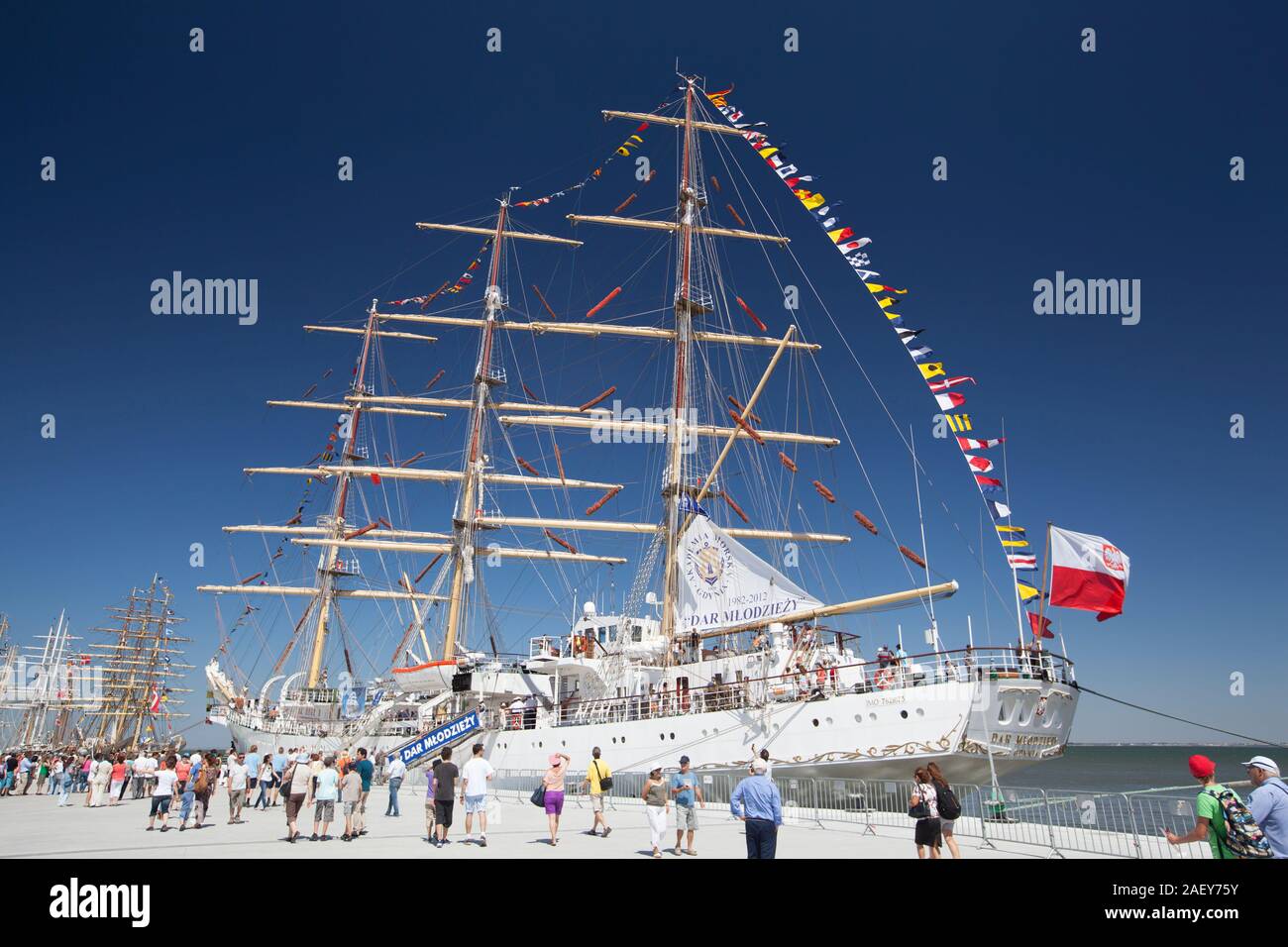 Polish full rigged training ship Dar Mlodziezy at Tall Ship Festival in Lisbon, Portugal. Stock Photo