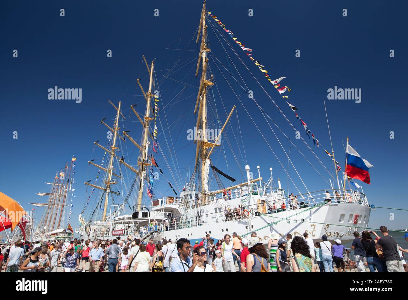 Russian full rigged training ship Mir at Tall Ship Festival in Lisbon, Portugal. Stock Photo