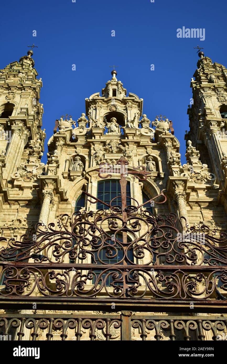 Cathedral with sunset light and blue sky. View from Praza do Obradoiro. Santiago de Compostela, Spain. Stock Photo