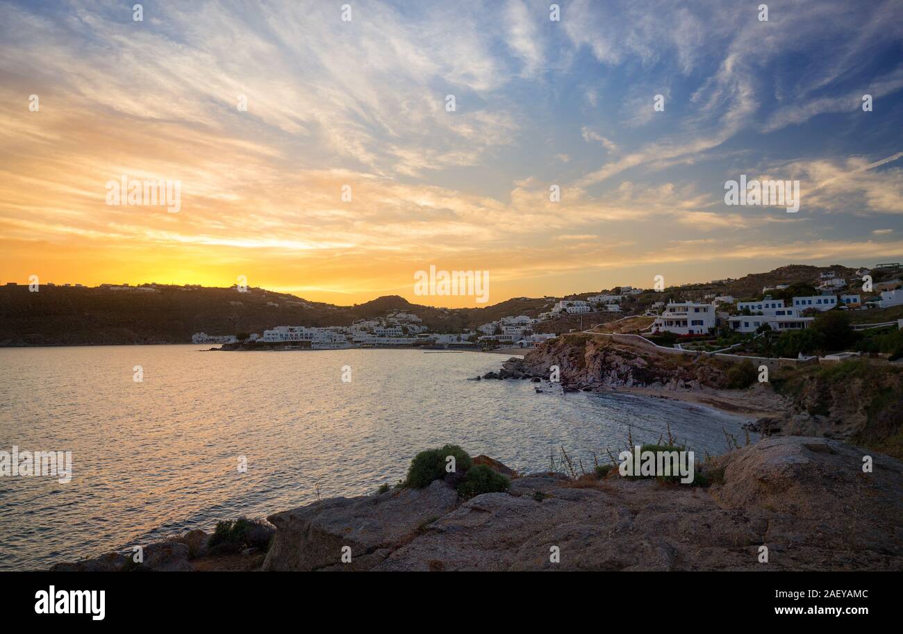Mykonos island during sunset, Cyclades, Greece Stock Photo