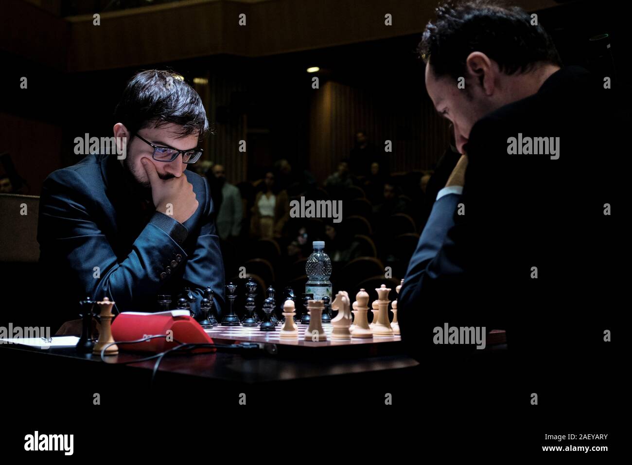 St. Louis, United States. 28th Aug, 2019. Chess Grand Master Magnus Carlsen  of Norway, makes a move during the final round of play against Grand Master  Maxime Vachier-Lagrave of France in the