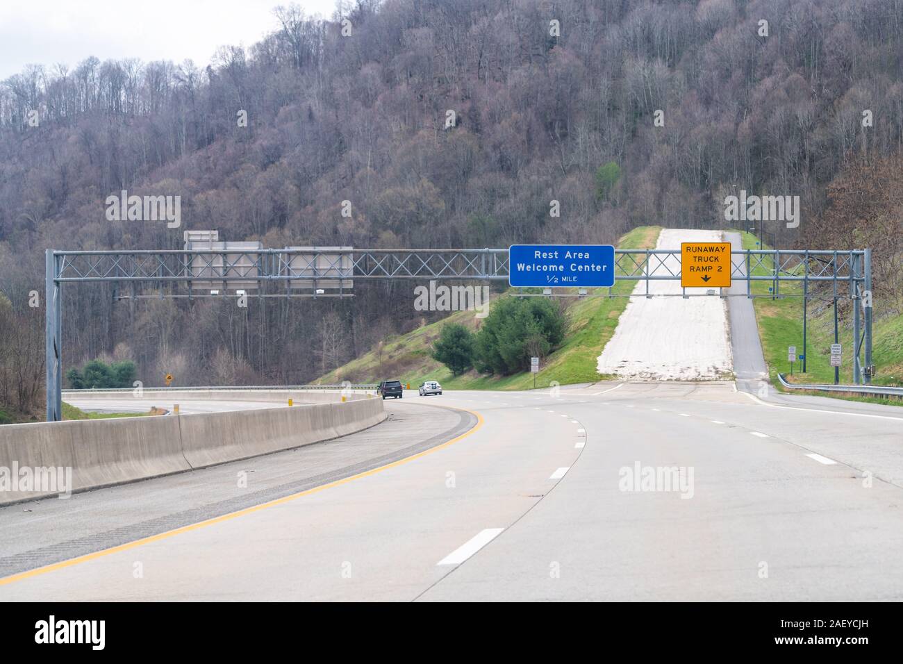 Smoky Mountains view near Asheville, North Carolina at Tennessee border i26 highway with traffic
