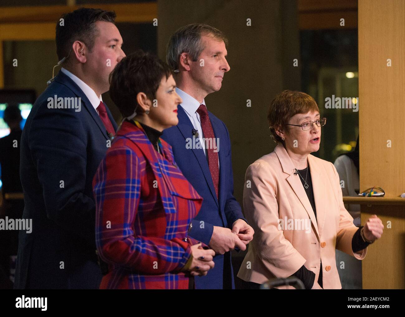 Edinburgh, UK. 11th Dec, 2019. Pictured: (left-right) Miles Briggs MSP - Scottish Conservative and Unionist Party; Angela Constance MSP - Scottish National Party; Liam McArthur MSP - Scottish Liberal Democrat Party; Sarah Boyack MSP - Scottish Labour Party. Live TV broadcast interview with MSP's in the Scottish Parliament. Credit: Colin Fisher/Alamy Live News Stock Photo
