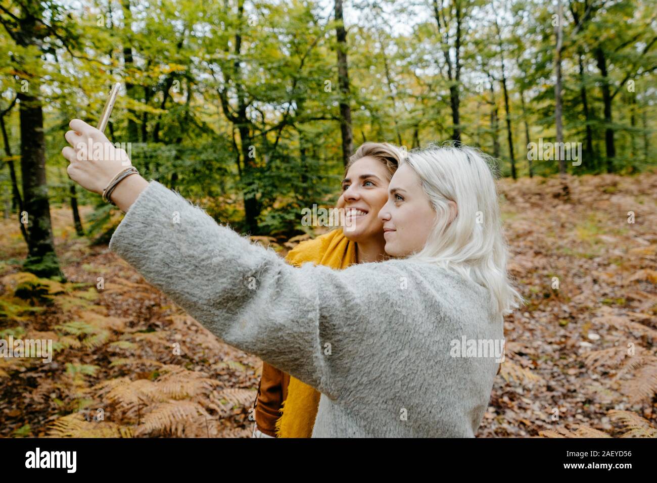 Young adult women taking a selfie into a remote autumnal forest Stock Photo