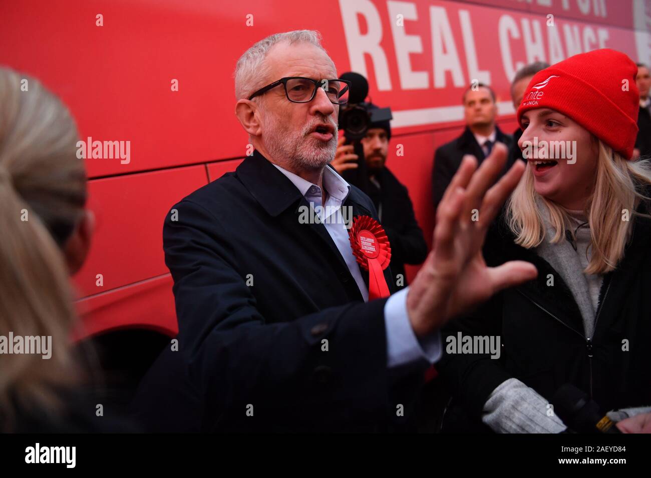 Labour Party leader Jeremy Corbyn arrives for a visit to Dinnington, Sheffield, on the last day of General Election campaigning. Stock Photo