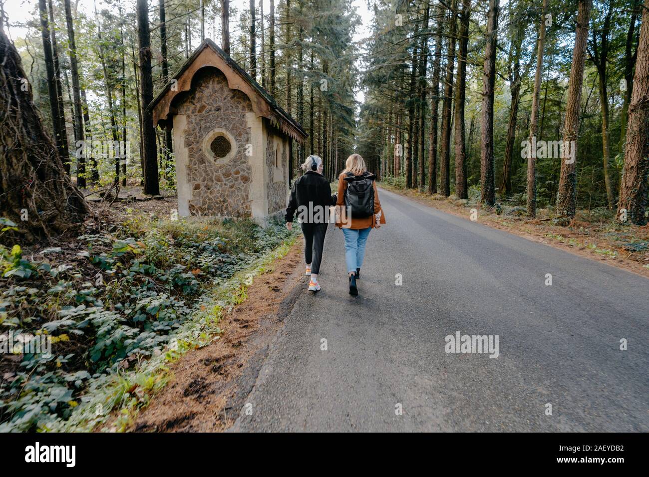 Two girls walking down a road and listening to music Stock Photo
