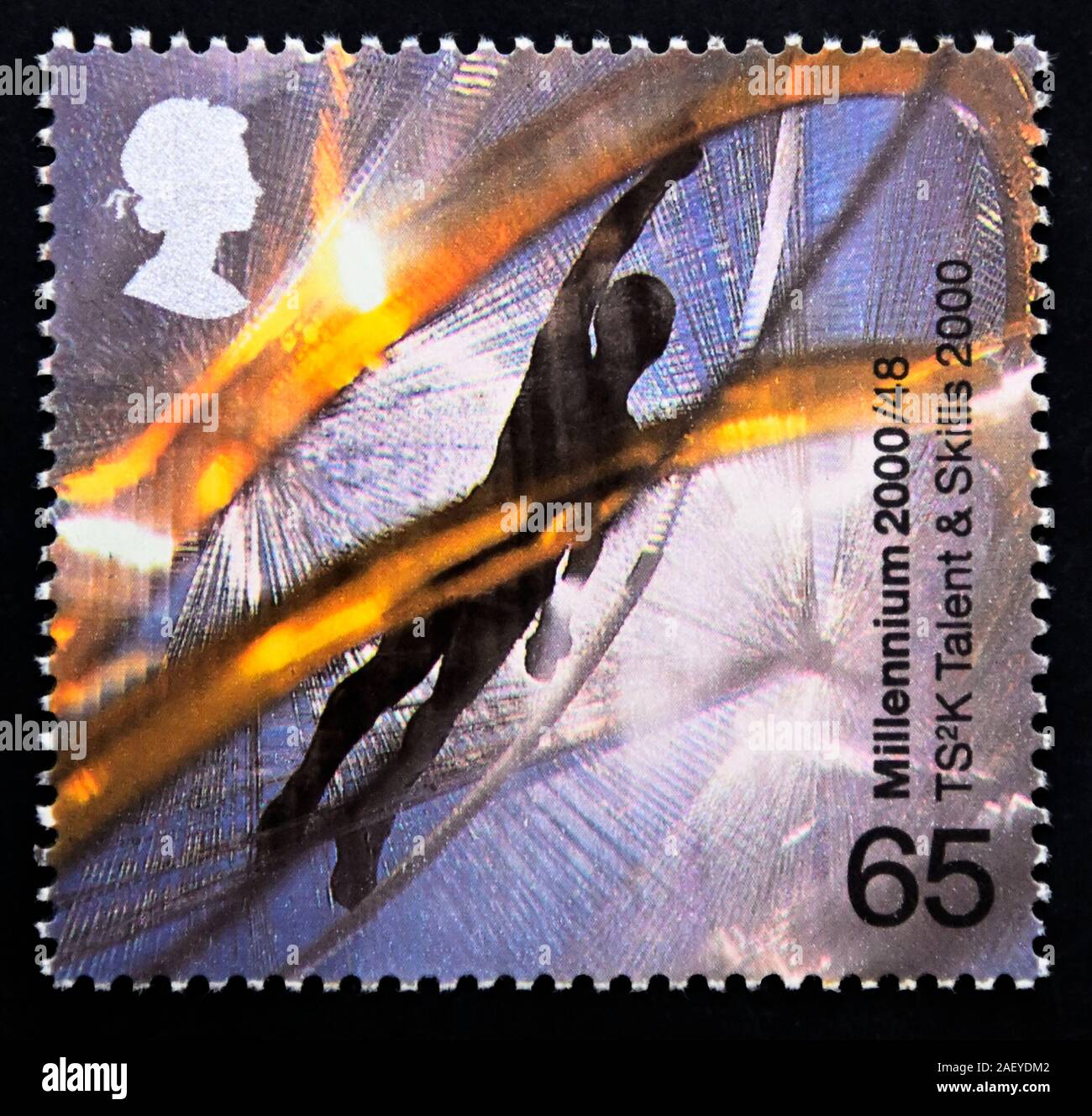 Postage stamp. Great Britain. Queen Elizabeth II. Millenium Series. ''Sound and Vision'. Figure within Latticework (TS2K Creative Enterprise Centres, Stock Photo