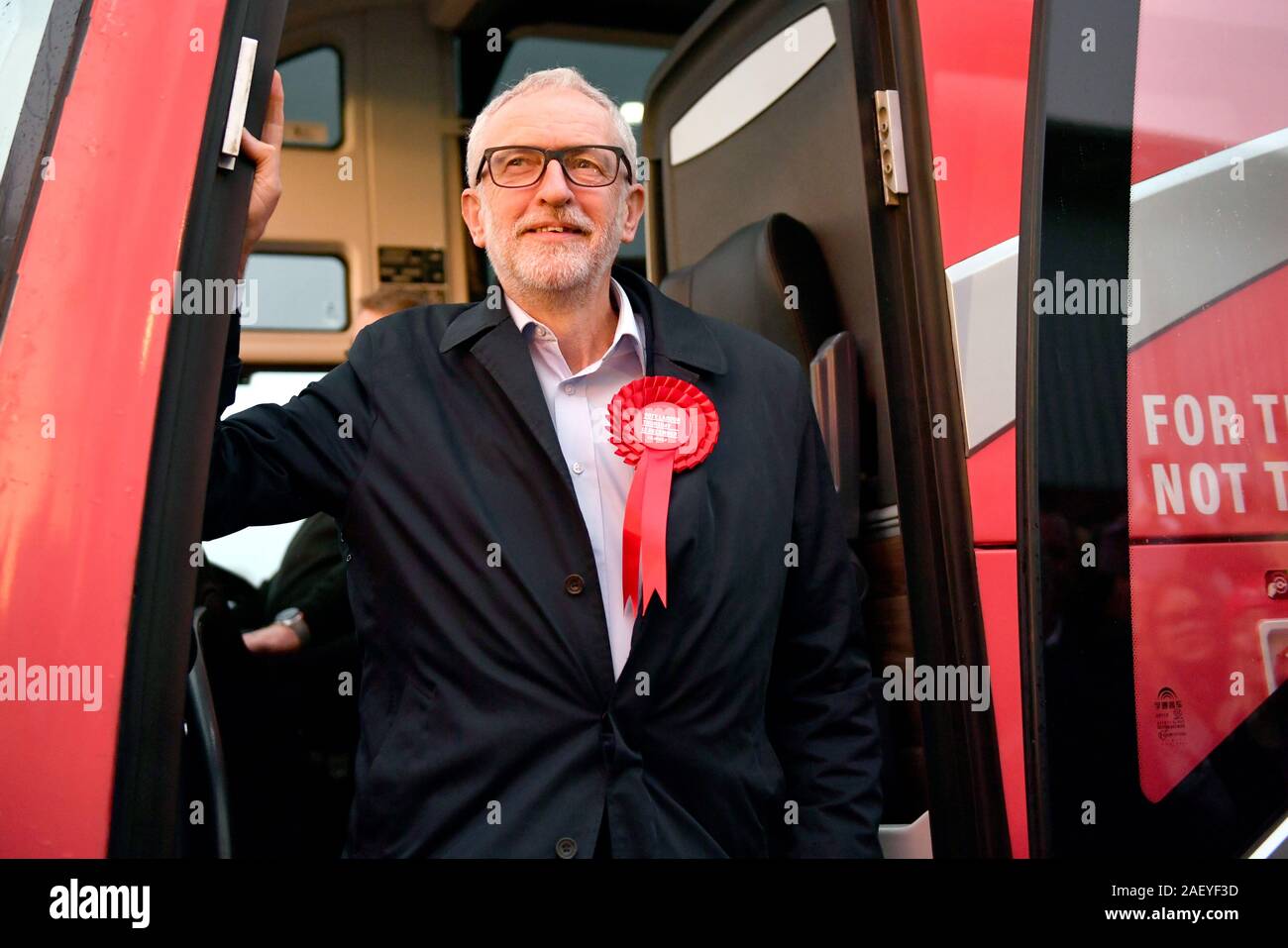 Labour Party leader Jeremy Corbyn arrives for a visit to Dinnington, Sheffield, on the last day of General Election campaigning. Stock Photo