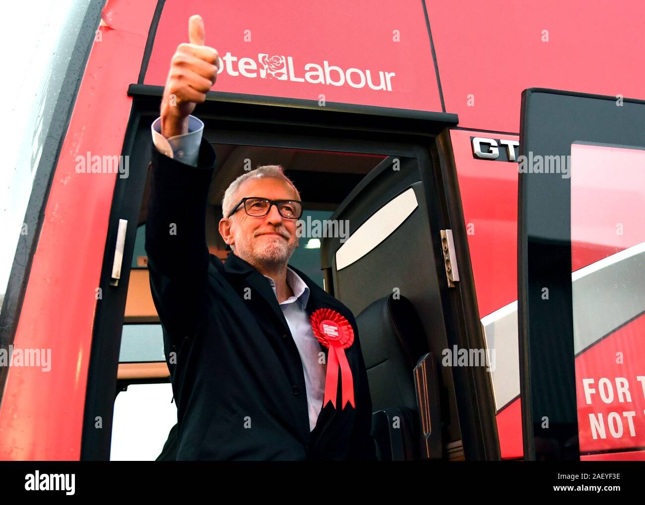 Labour Party leader Jeremy Corbyn arrives for a visit to Dinnington, Sheffield, on the last day of General Election campaigning. Stock Photo