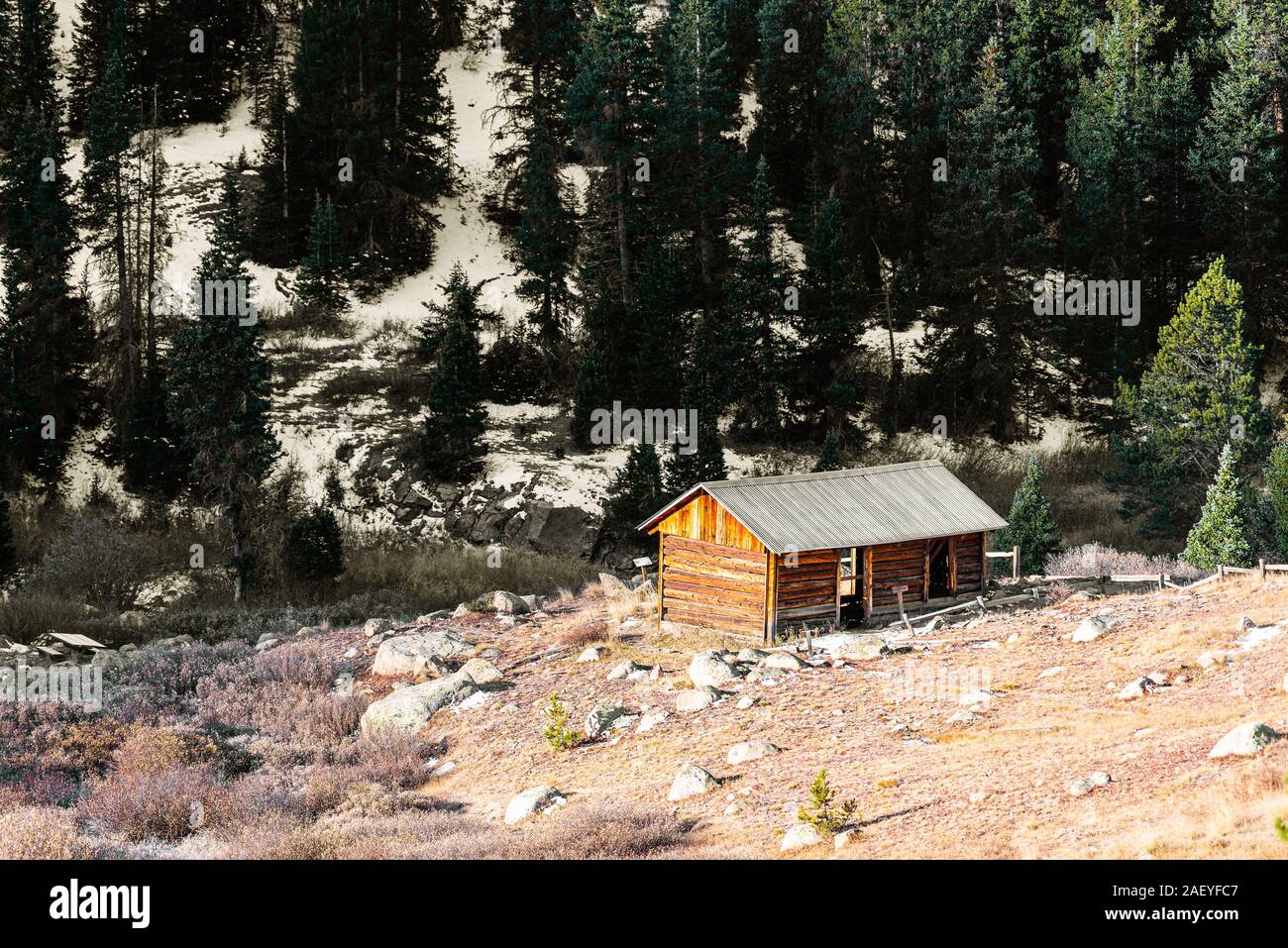 Independence Pass Mining Townsite Building Log Cabin In White