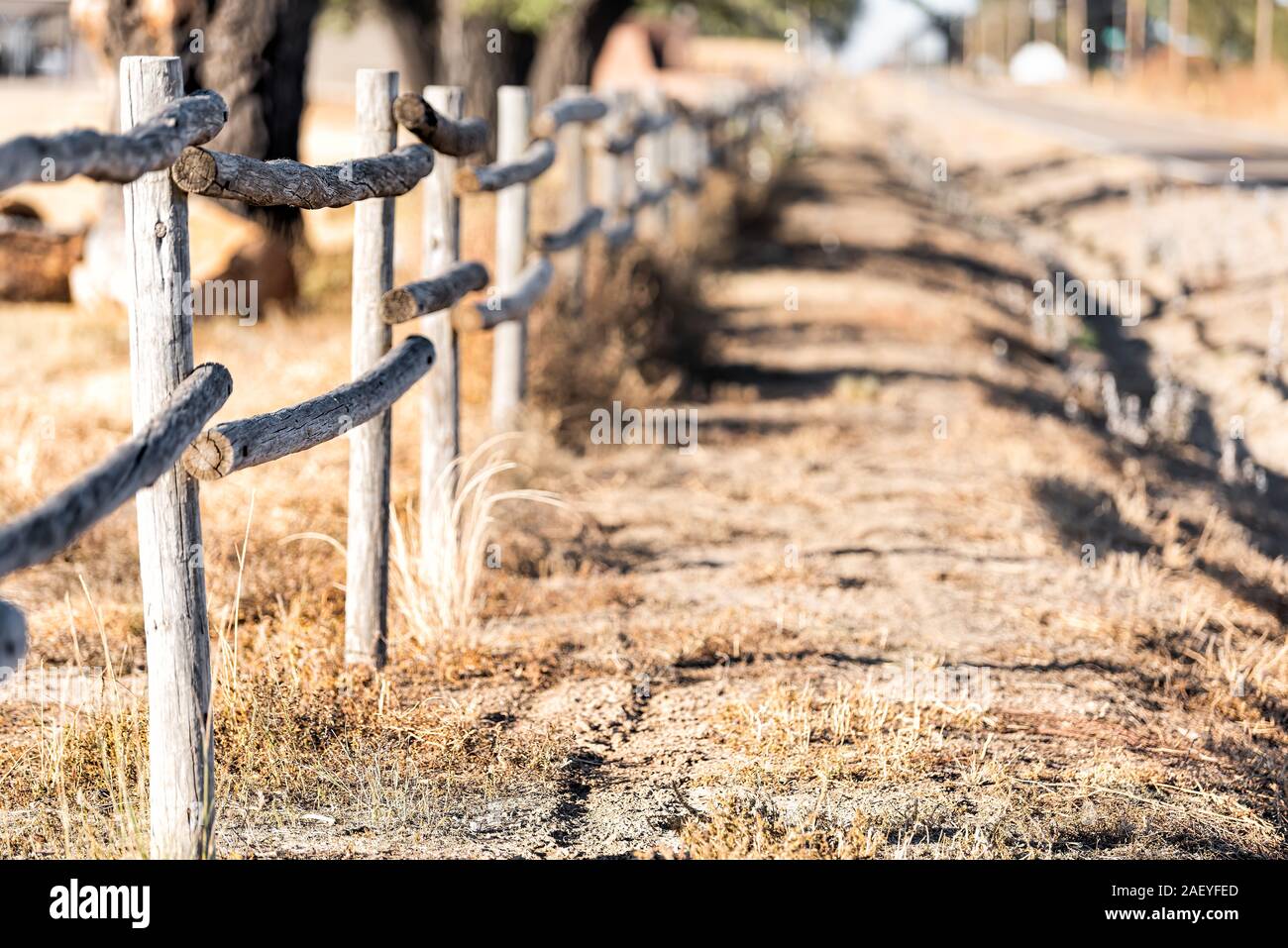 Small town of La Junta, Colorado with closeup of rural fence by Bent's Old Fort exterior of national historic site building in in Otero County Stock Photo