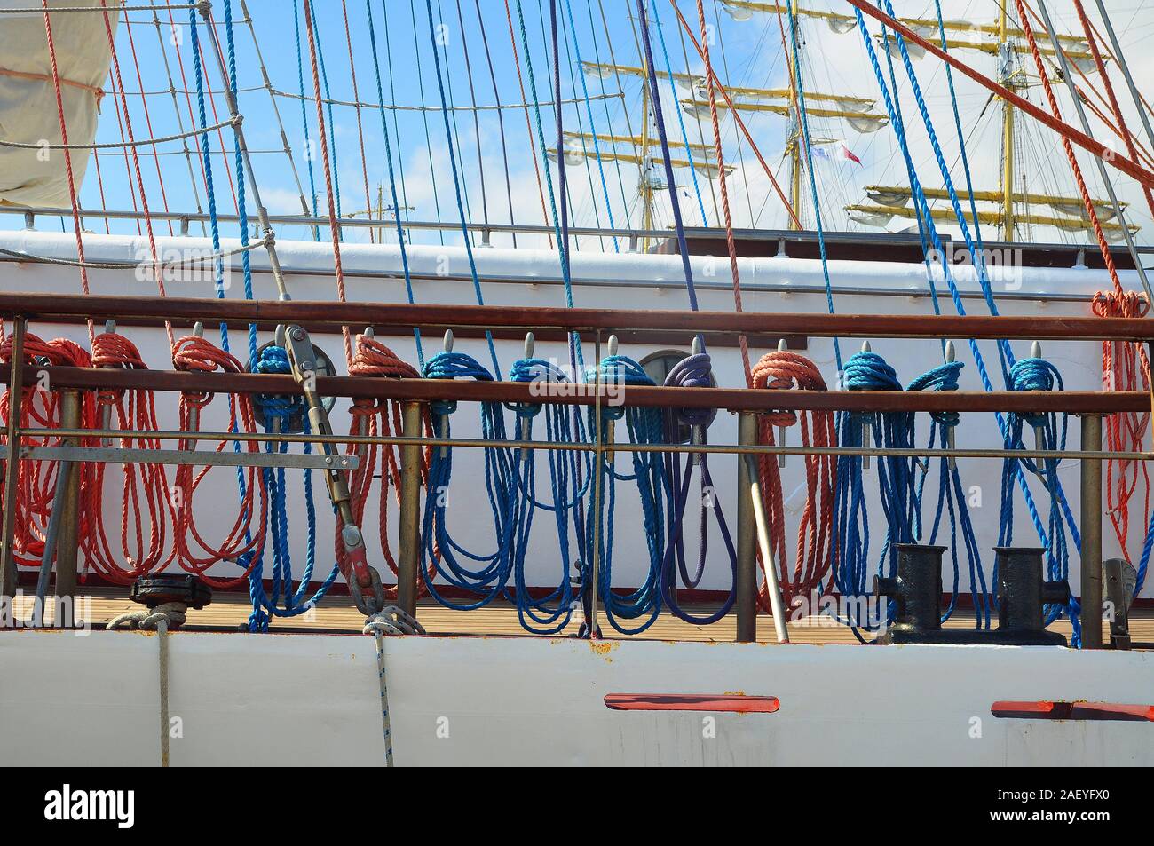 Colored ropes of the polish sailboat Pogoria during the Voiles de