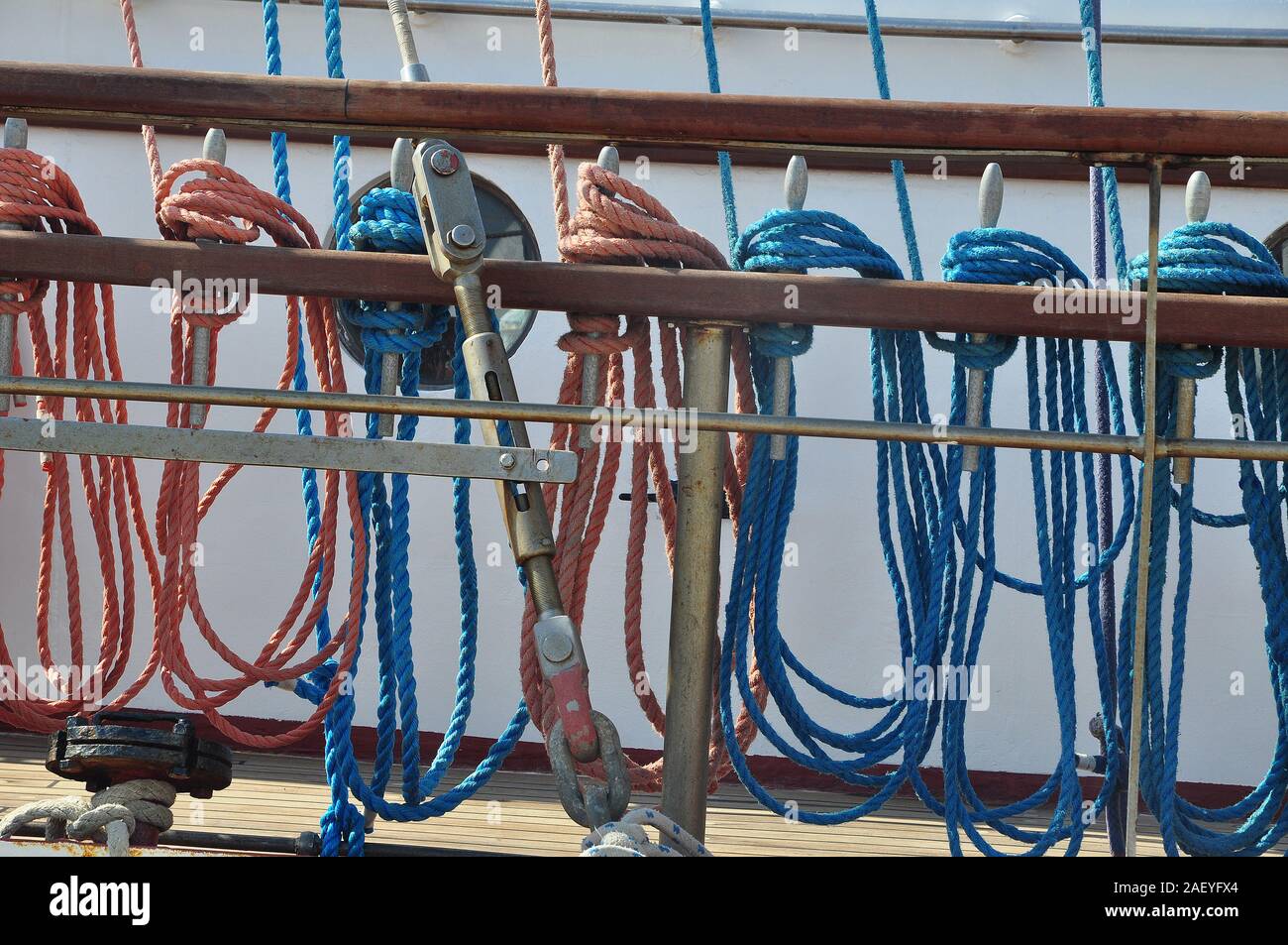 Colored ropes of the polish sailboat Pogoria during the Voiles de