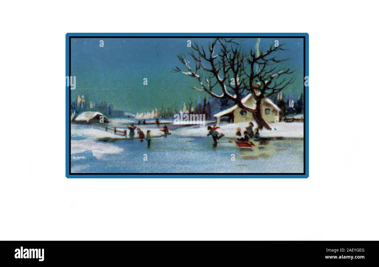 Skaters on a rural scenic pond, open space for copy, no text.  Merry Christmas, vintage postcard graphics illustration Stock Photo