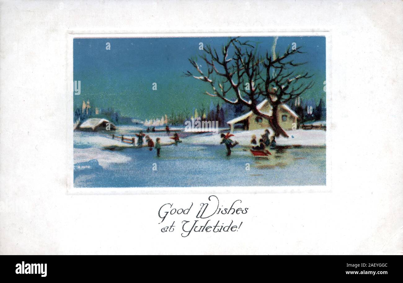 Skaters on a pond Winter scene, house and lone tree in the background. Merry Christmas, vintage postcard graphics illustration Stock Photo