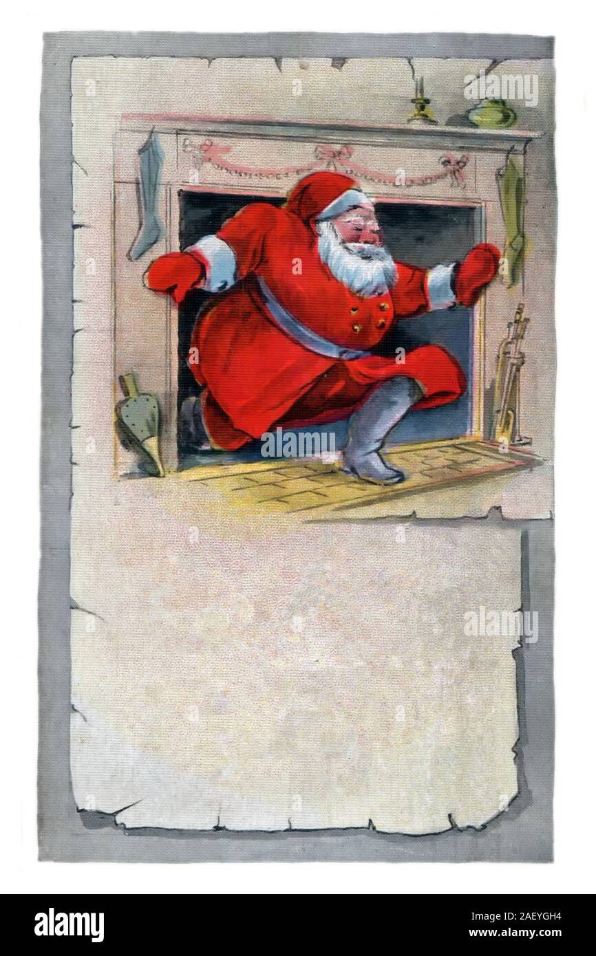 Santa in a red suit, exiting the fireplace. Merry Christmas theme, vintage postcard graphics illustration with space for copy Stock Photo