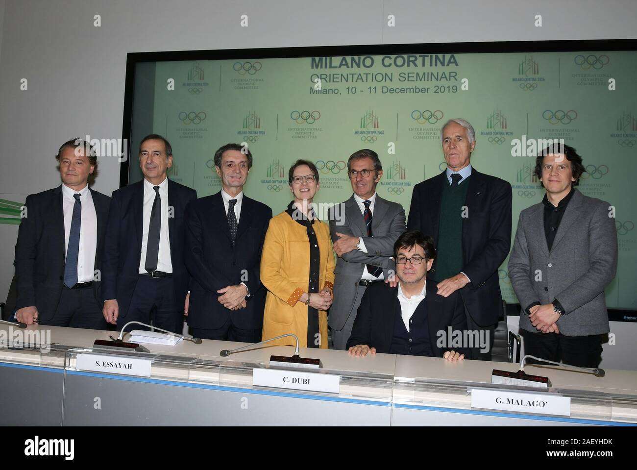 Milan, Italy. 11th Dec, 2019. Milan, IOC & Milan Cortina Delivery Partners Kick Off Meeting In the picture: Gianpietro Ghedina Mayor of Cortina, Giuseppe Sala Mayor Milan, Attilio Fontana President of the Lombardy Region, Sari Essayah Coordinating Commission of Milan-Cortina 2026, Christophe Dubi, Executive Director of the Olympic Games of the IOC, Giovanni Malagò president of CONI, Vincenzo Novari CEO of the Olympic Games 2026, Luca Pancalli president of the Italian Paralympic Committee Credit: Independent Photo Agency/Alamy Live News Stock Photo