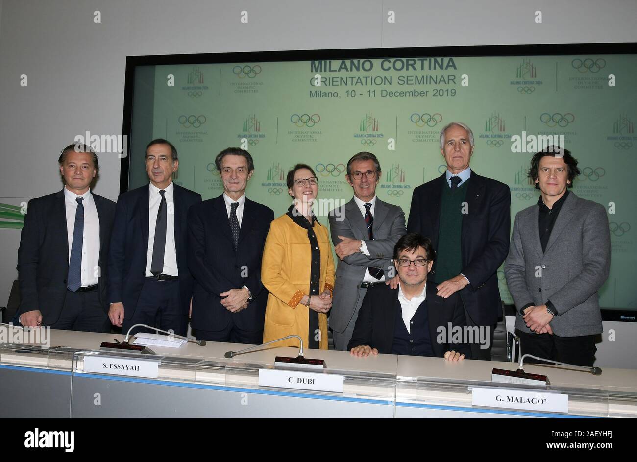 Milan, Italy. 11th Dec, 2019. Milan, IOC & Milan Cortina 2026 Delivery Partners Kick Off Meeting In the picture: Gianpietro Ghedina Mayor of Cortina, Giuseppe Sala Mayor Milan, Attilio Fontana President of the Lombardy Region, Sari Essayah Coordinating Commission of Milan-Cortina 2026, Christophe Dubi, Executive Director of the Games IOC Olympic, Giovanni Malagò president of CONI, Vincenzo Novari CEO of the Olympic Games 2026, Luca Pancalli president of the Italian Paralympic Committee Credit: Independent Photo Agency/Alamy Live News Stock Photo