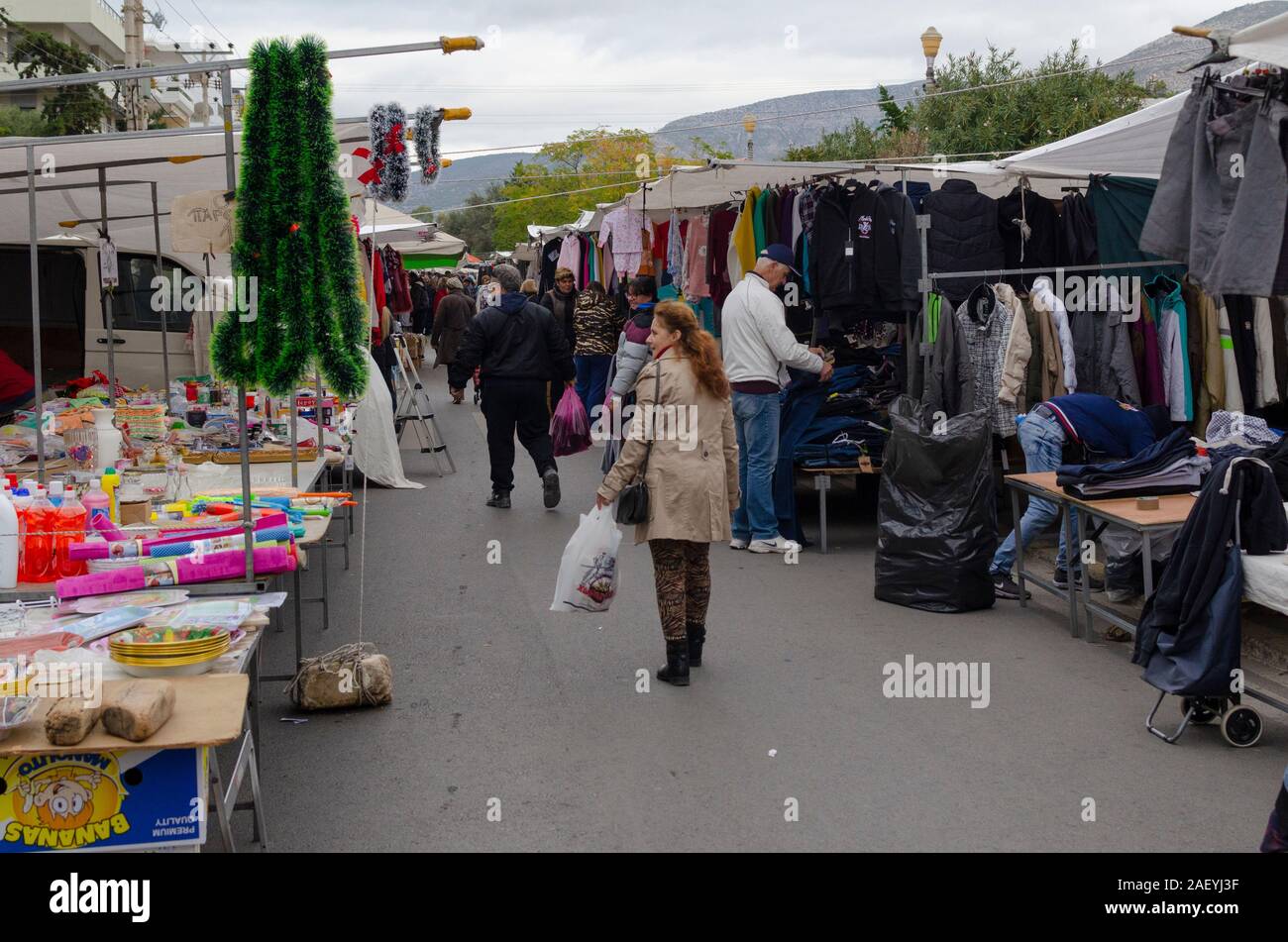 General view of the weekly Thursday Glyfada Market in Athens Greece Stock Photo