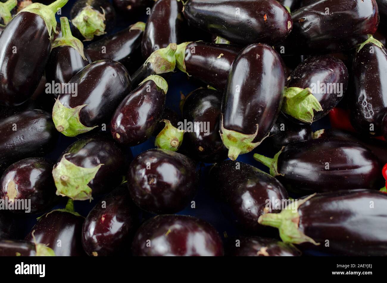 Aubergines on sale in a market in Athens Greece Stock Photo