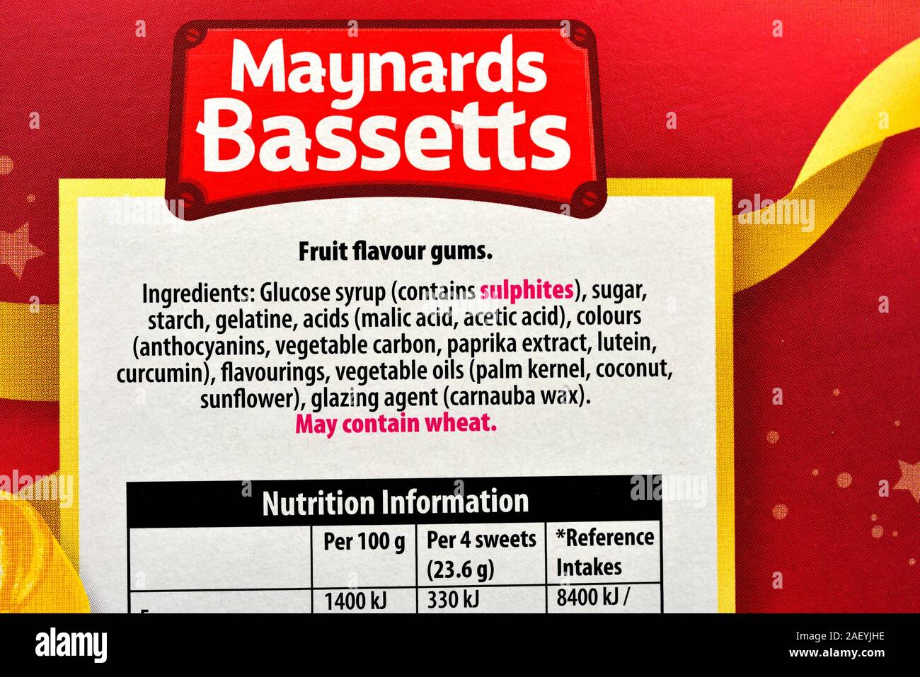 Maynards Bassetts wine gums ingredients close up detail,UK Stock Photo Alamy