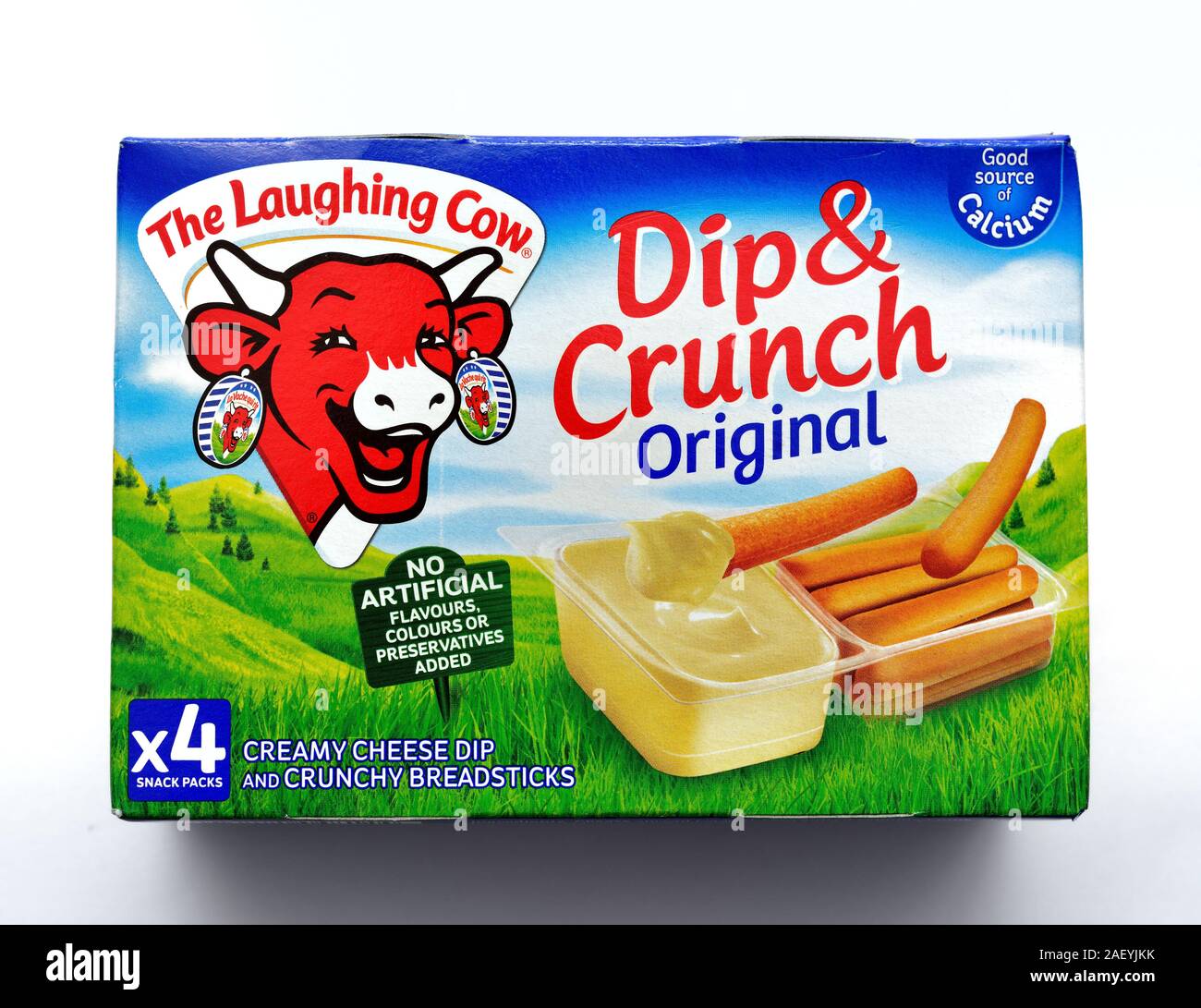 The Laughing Cow,dip & crunch original.creamy cheese dip,crunchy breadsticks Stock Photo