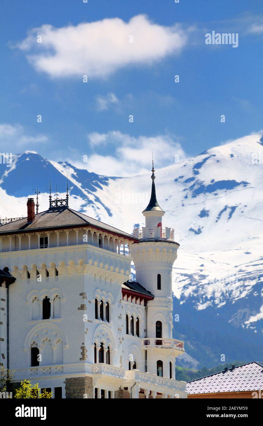 Gothic & Fantasy Château des Magnans, or Magnans Castle (1903-13) inspired by Neuschwanstein in Bavaria, Jausiers Ubaye Valley French Alps France Stock Photo
