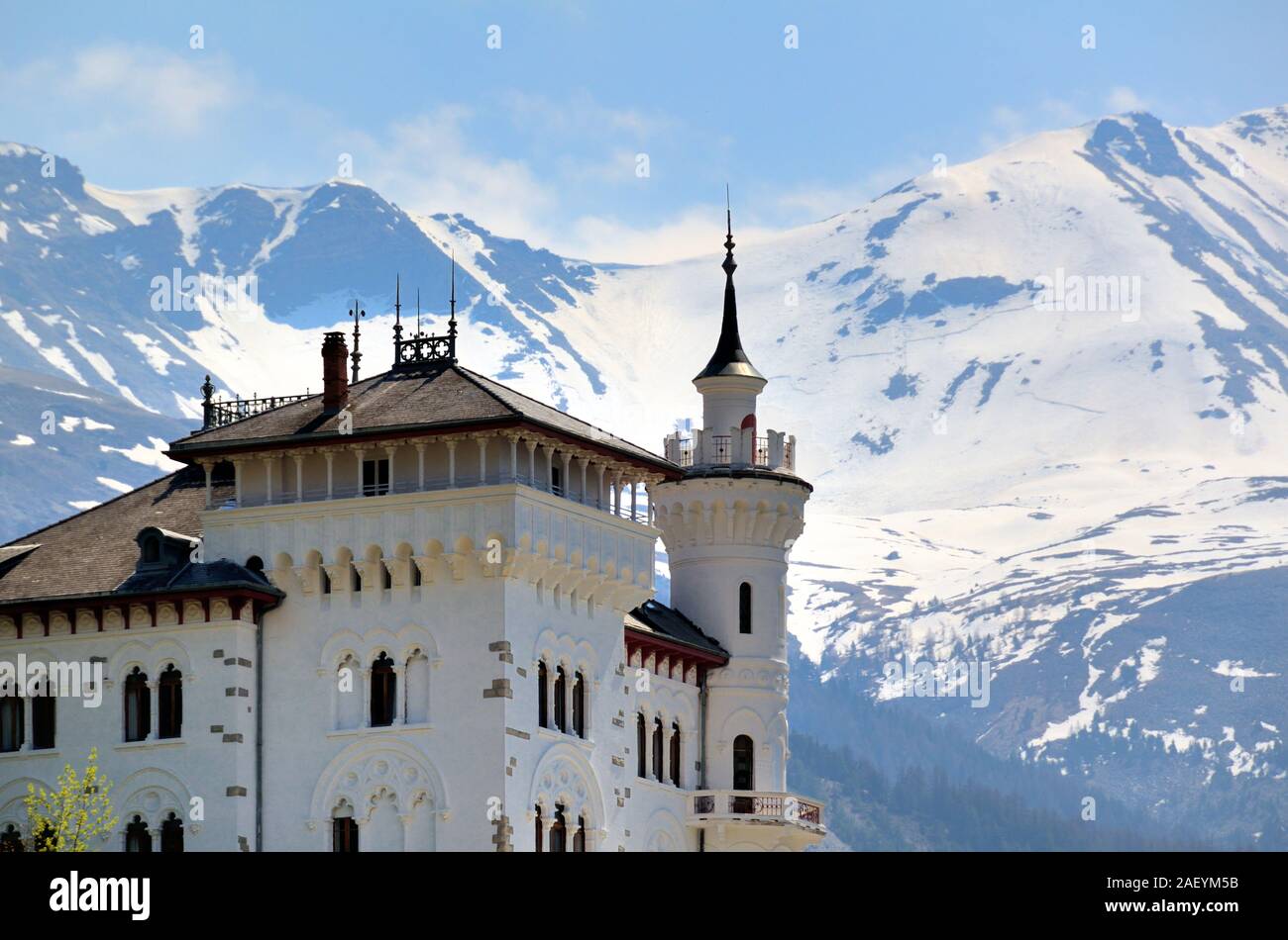 Gothic & Fantasy Château des Magnans, or Magnans Castle (1903-13) inspired by Neuschwanstein in Bavaria, Jausiers Ubaye Valley French Alps France Stock Photo
