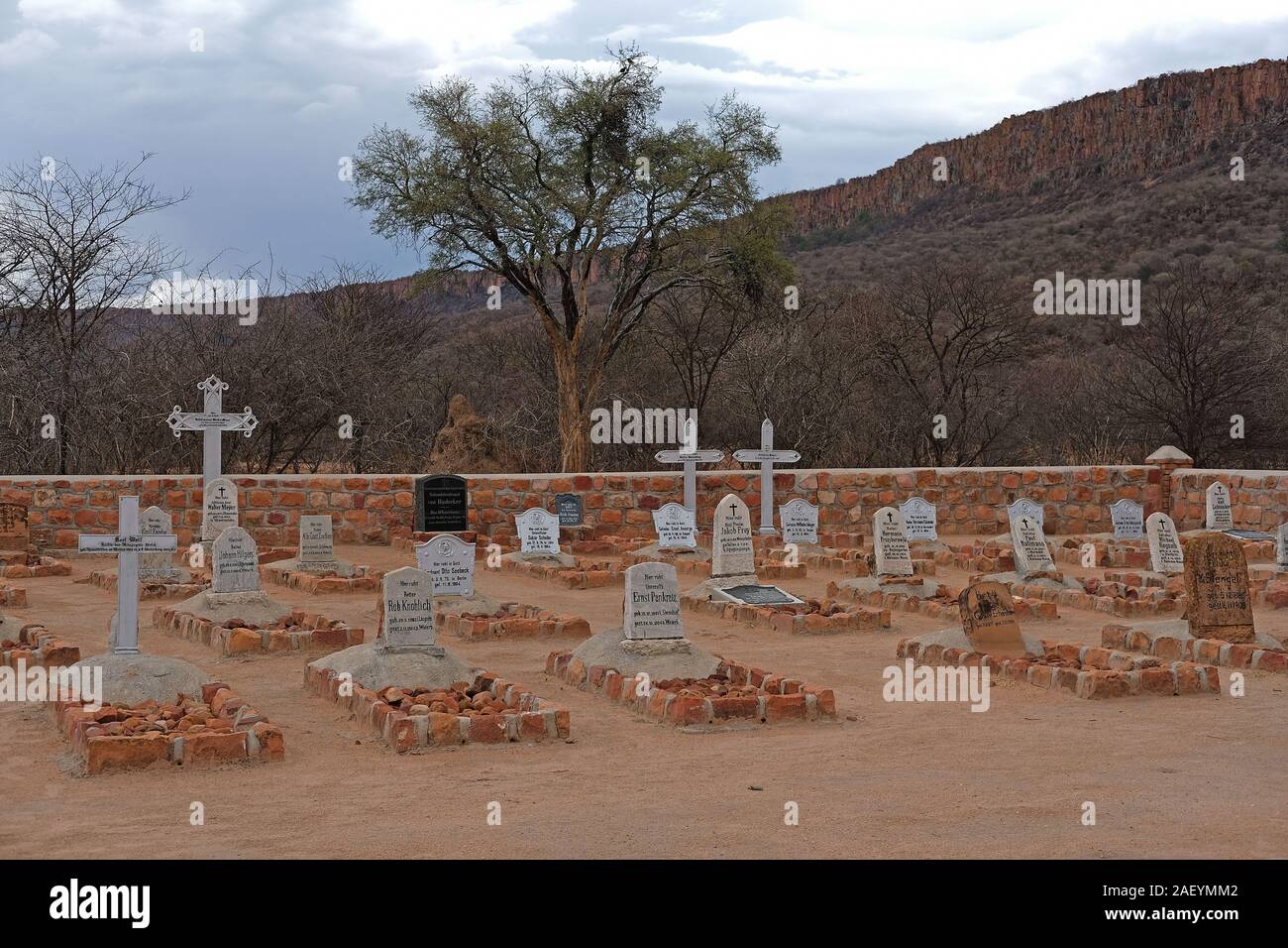 Waterberg Plateau, Namibia. 01st Dec, 2019. Graves of German soldiers lie in the Waterberg Plateau Park on a military cemetery. German soldiers who died in the battle of Waterberg on 11 August 1904 against the Herero people are buried here. Credit: Oliver Berg/dpa/Alamy Live News Stock Photo