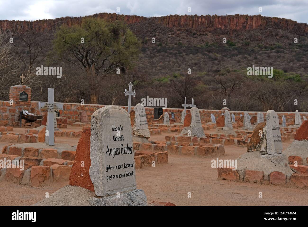 Waterberg Plateau, Namibia. 01st Dec, 2019. Graves of German soldiers lie in the Waterberg Plateau Park on a military cemetery. German soldiers who died in the battle of Waterberg on 11 August 1904 against the Herero people are buried here. Credit: Oliver Berg/dpa/Alamy Live News Stock Photo