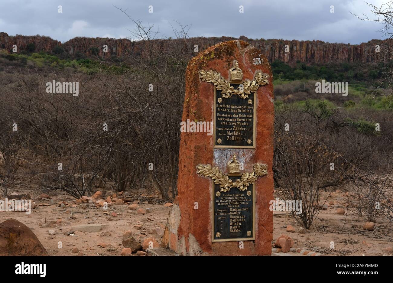 Waterberg Plateau, Namibia. 01st Dec, 2019. A memorial stone stands in the Waterberg Plateau Park on a military cemetery. German soldiers who died in the battle of Waterberg on 11 August 1904 against the Herero people are buried here. Credit: Oliver Berg/dpa/Alamy Live News Stock Photo