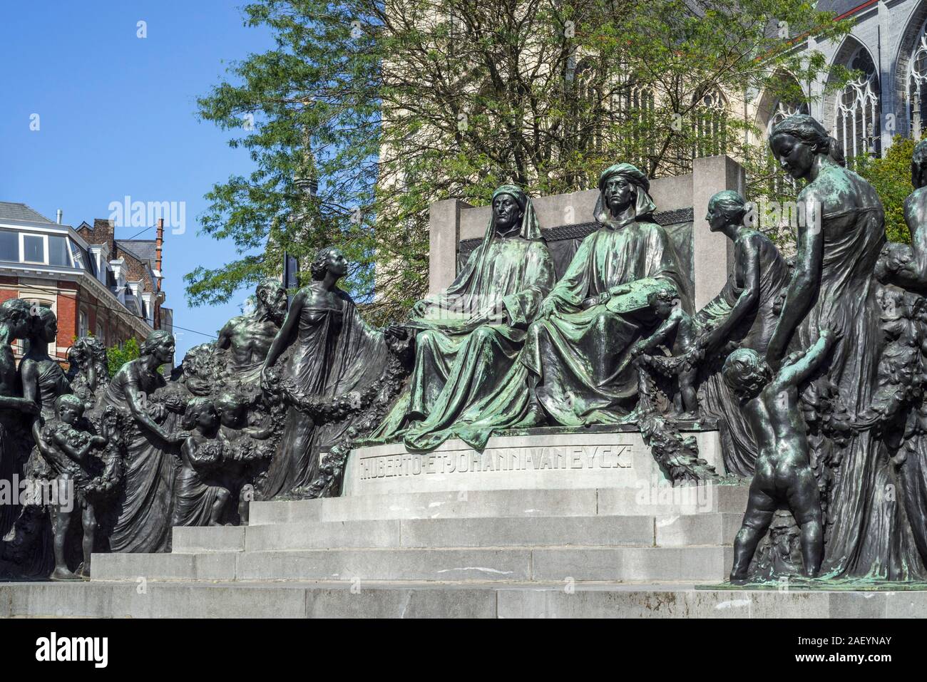 Monument in honour of the Van Eyck brothers, Jan and Hubert, painters of the Ghent Altarpiece / Adoration of the Mystic Lamb, Ghent, Flanders, Belgium Stock Photo