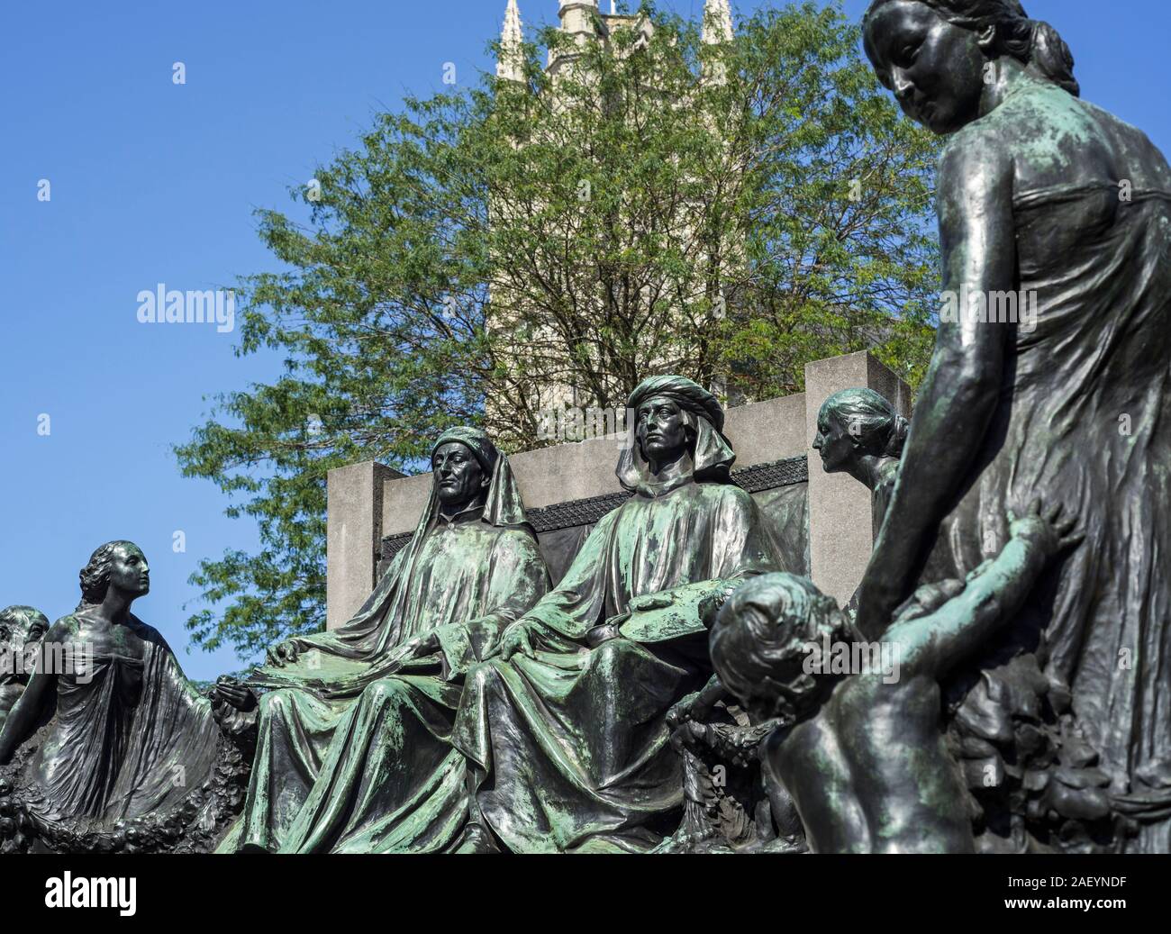 Monument in honour of the Van Eyck brothers, Jan and Hubert, painters of the Ghent Altarpiece / Adoration of the Mystic Lamb, Ghent, Flanders, Belgium Stock Photo