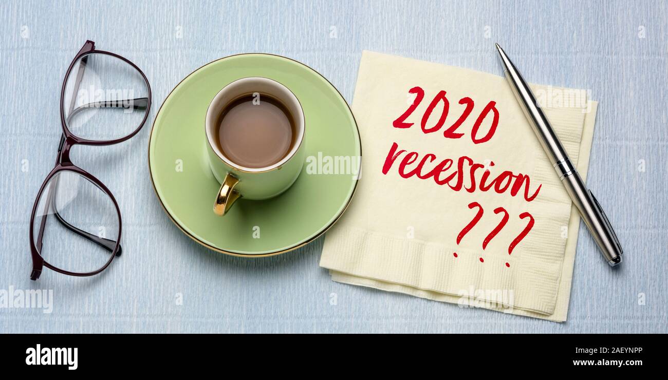 2020 recession? Handwriting on a napkin with a cup of coffee. New Year economy predictions and speculations. Stock Photo