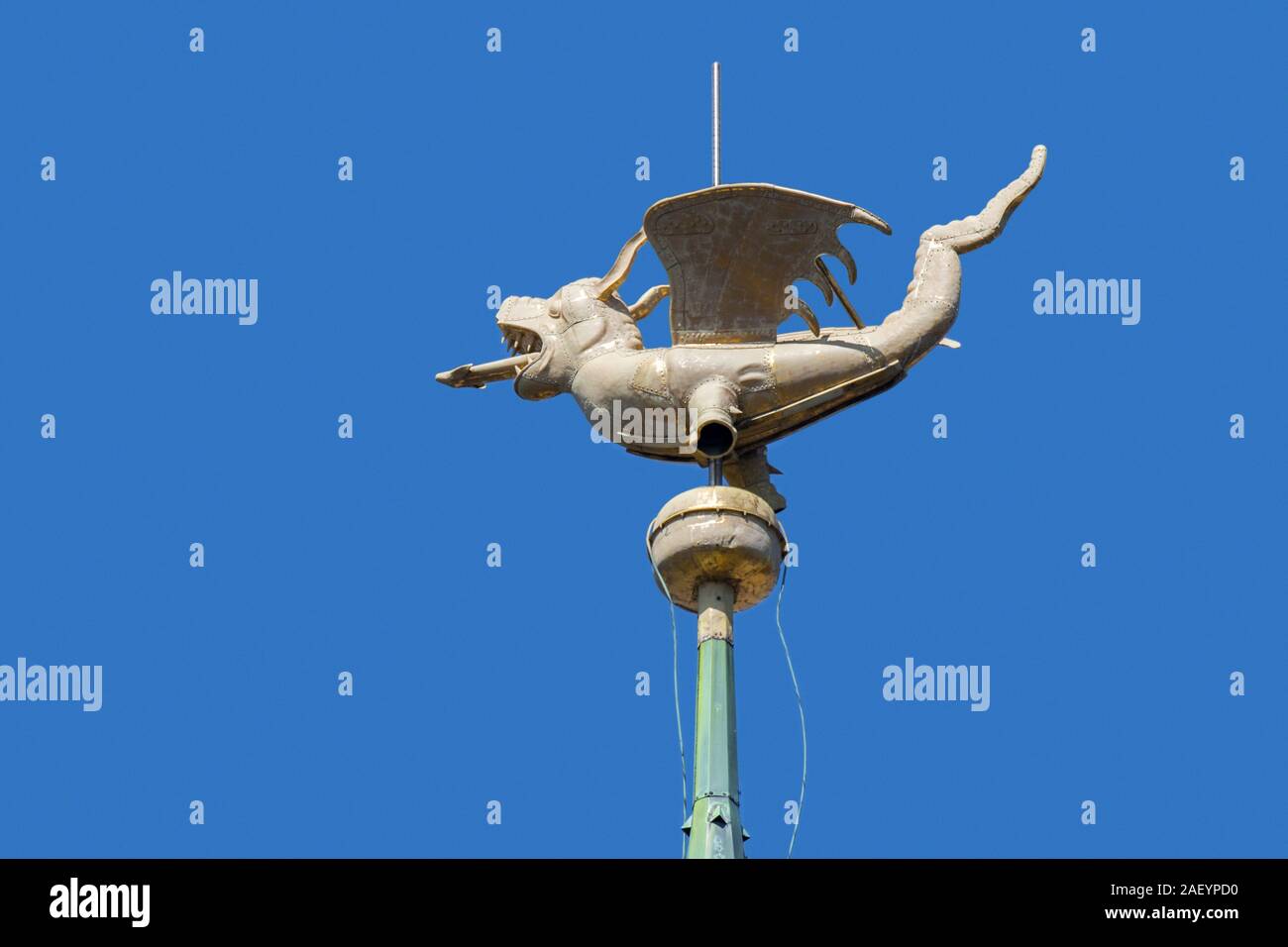 Dragon on spire of the belfry of Ghent / Gent against blue sky, East Flanders, Belgium Stock Photo