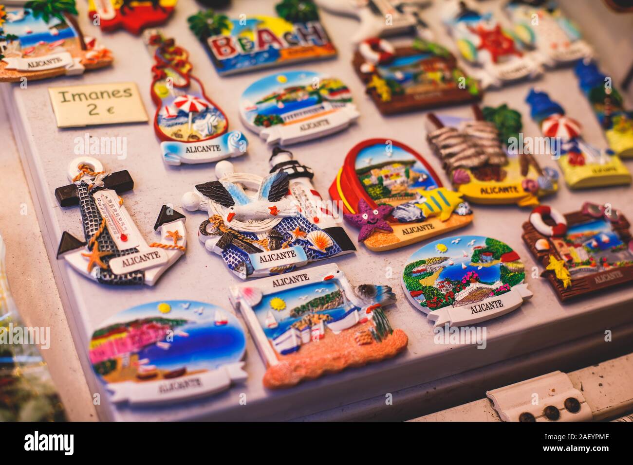 View of traditional tourist souvenirs and gifts from Spain, Alicante