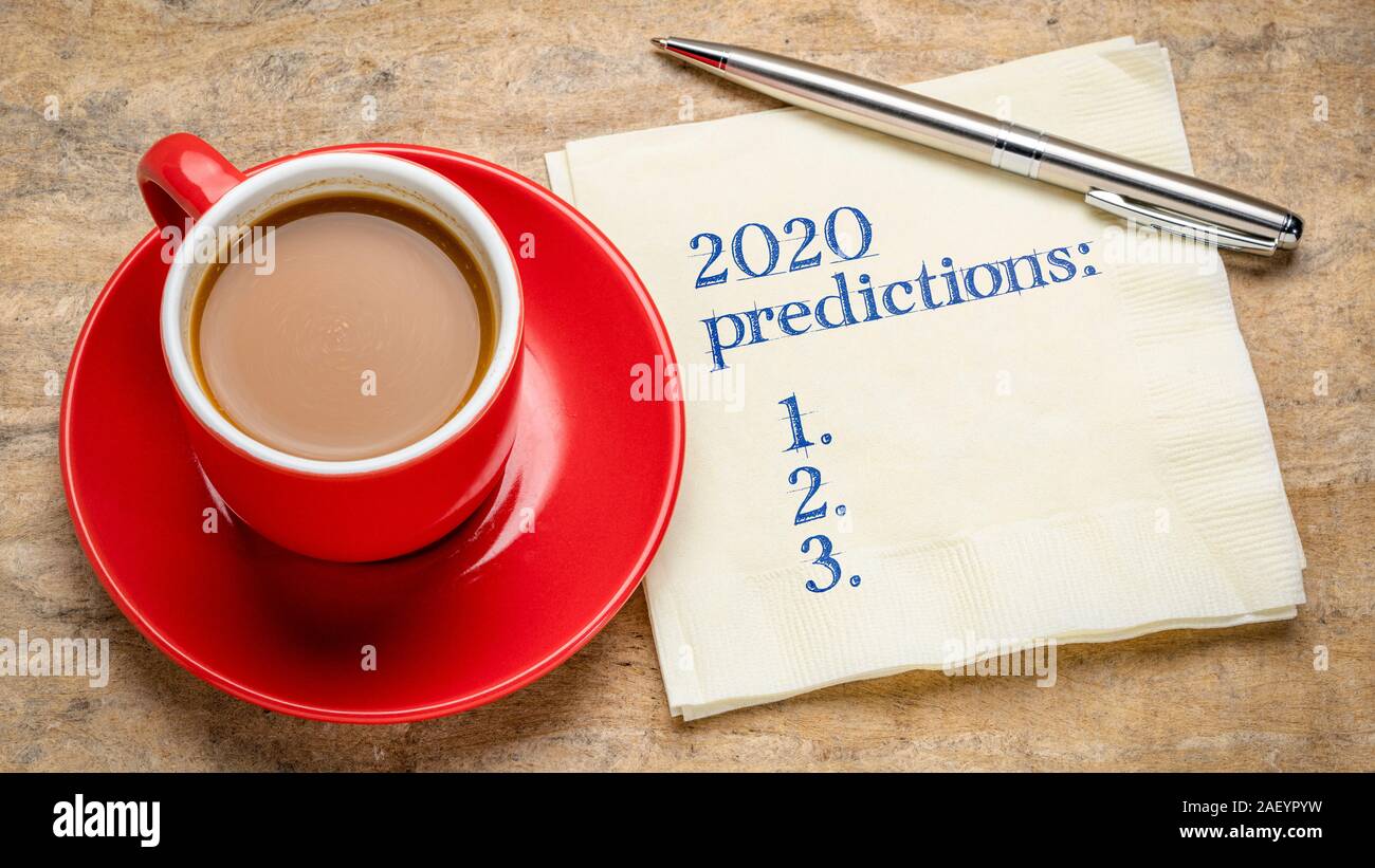 2020 predictions list - handwriting on a napkin with a cup of tea, business and financial trends, expectations and speculations for  the New Year Stock Photo