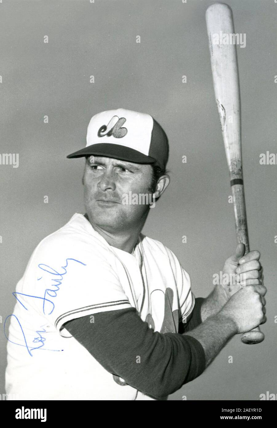Vintage  black and white souvenir photo of Ron Fairly with the Montreal Expos in their premiere season of 1969. Stock Photo