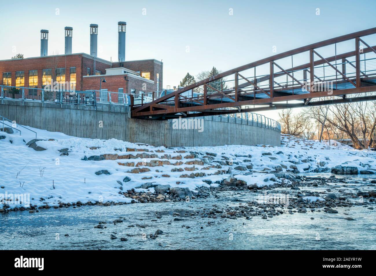 footbridge over Cache la Poudre River at newly developed whitewater