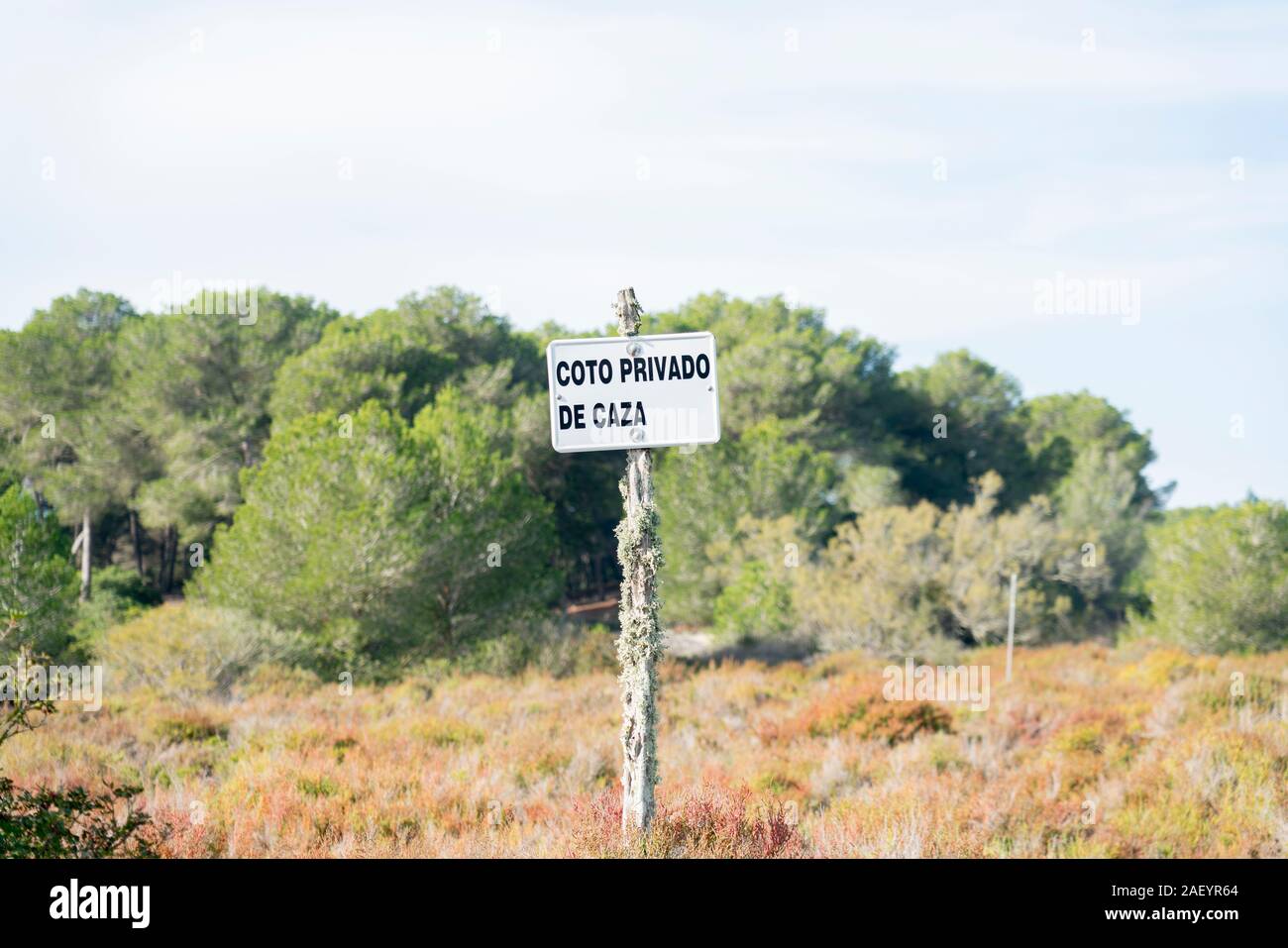Coto privado de caza - Signboard with spanish words for private hunting ground. Natural park Es Trenc, Majorca. Landscape with several vegetation. Stock Photo