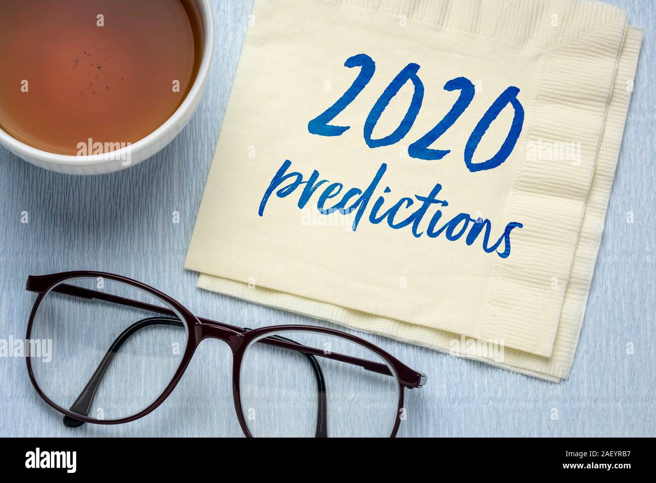 2020 predictions - handwriting on a napkin with a cup of tea, business and financial trends and expectations in New Year Stock Photo
