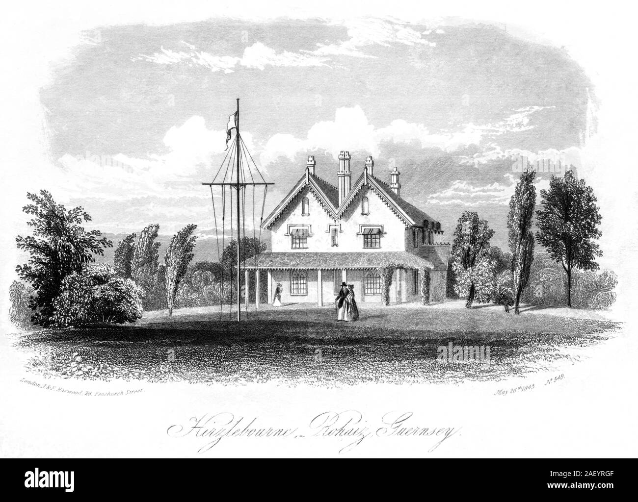 An engraving of Hirzlebourne, Rohaiz (Rohais) Guernsey dated May 26th 1843 scanned at high resolution. Believed copyright free. Stock Photo