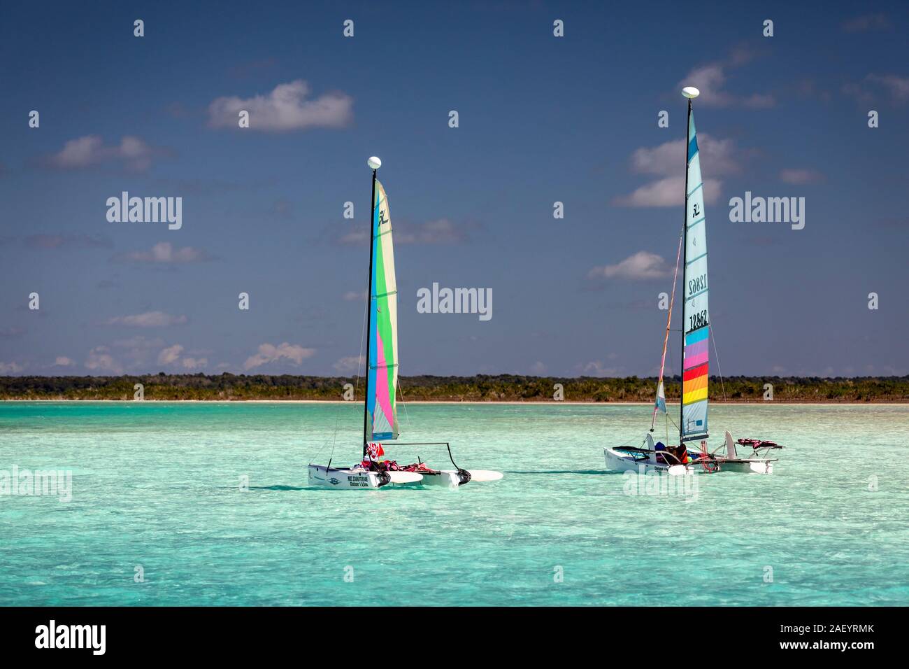 Two sailboats at Pirate's Channel on Lake Bacalar, Quintana Roo, Mexico. Stock Photo