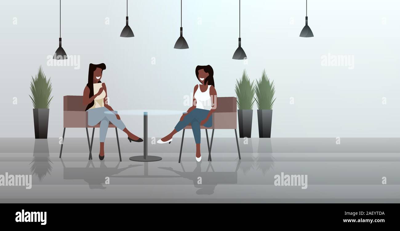 women sitting at cafe table african american girls couple discussing during meeting modern restaurant interior horizontal sketch full length vector illustration Stock Vector